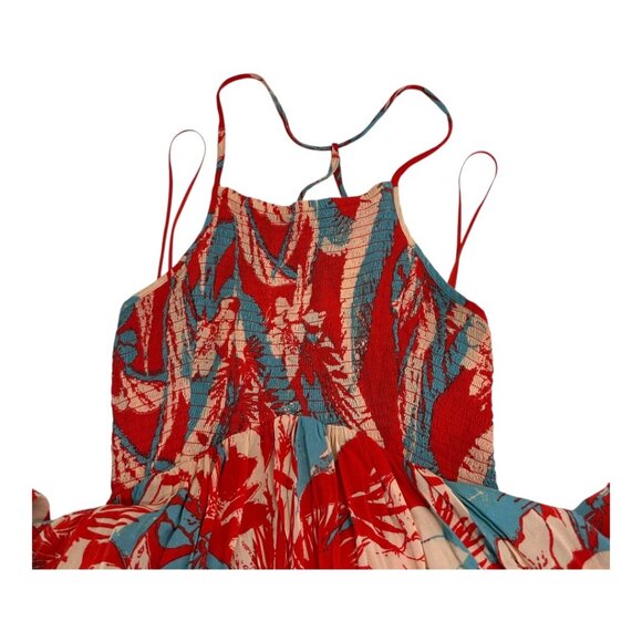 FREE PEOPLE Red & Blue Floral Halter Midi Dress Smocked Bodice  Asymmetrical Hem - Picture 9 of 10